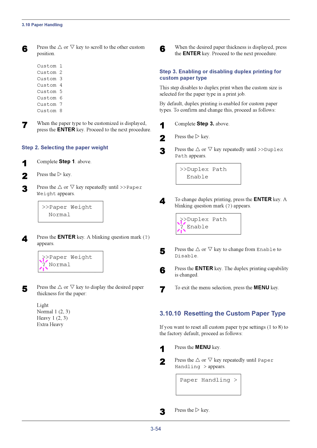 Kyocera C8026N manual Resetting the Custom Paper Type, Paper Weight ? Normal, Duplex Path Enable, Duplex Path ? Enable 