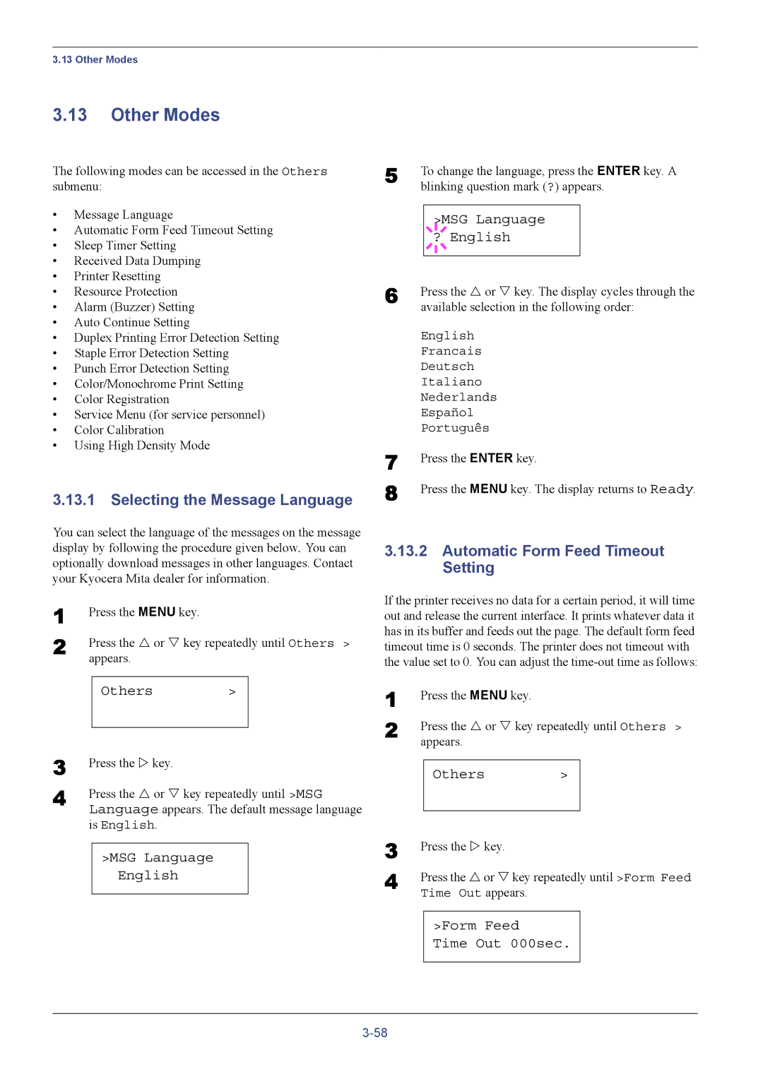 Kyocera C8026N manual Others, MSG Language English, MSG Language ? English, Form Feed Time Out 000sec 