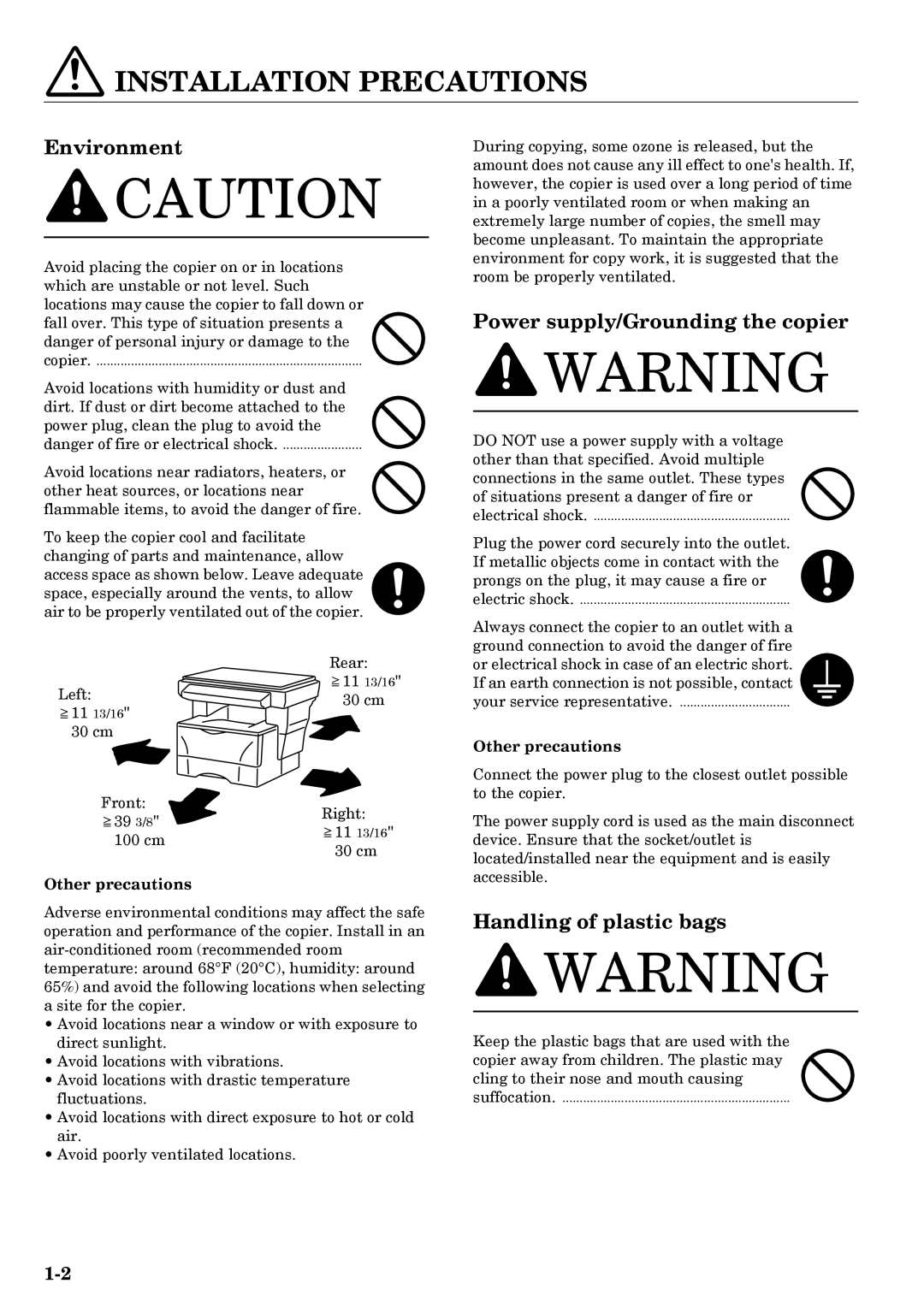 Kyocera copier manual Installation Precautions, Other precautions 