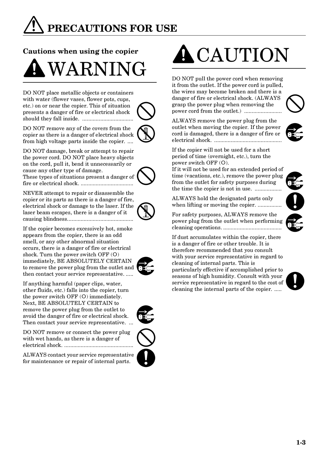 Kyocera copier manual Precautions for USE 