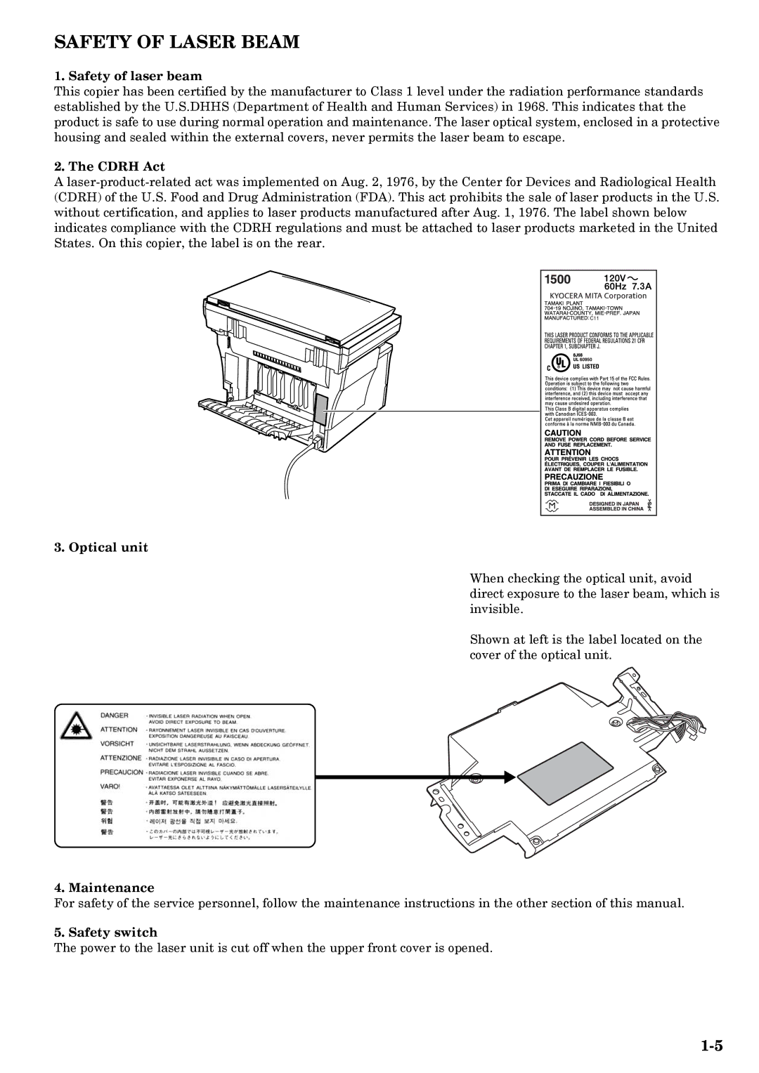 Kyocera copier manual Safety of laser beam, Cdrh Act, Optical unit, Maintenance, Safety switch 