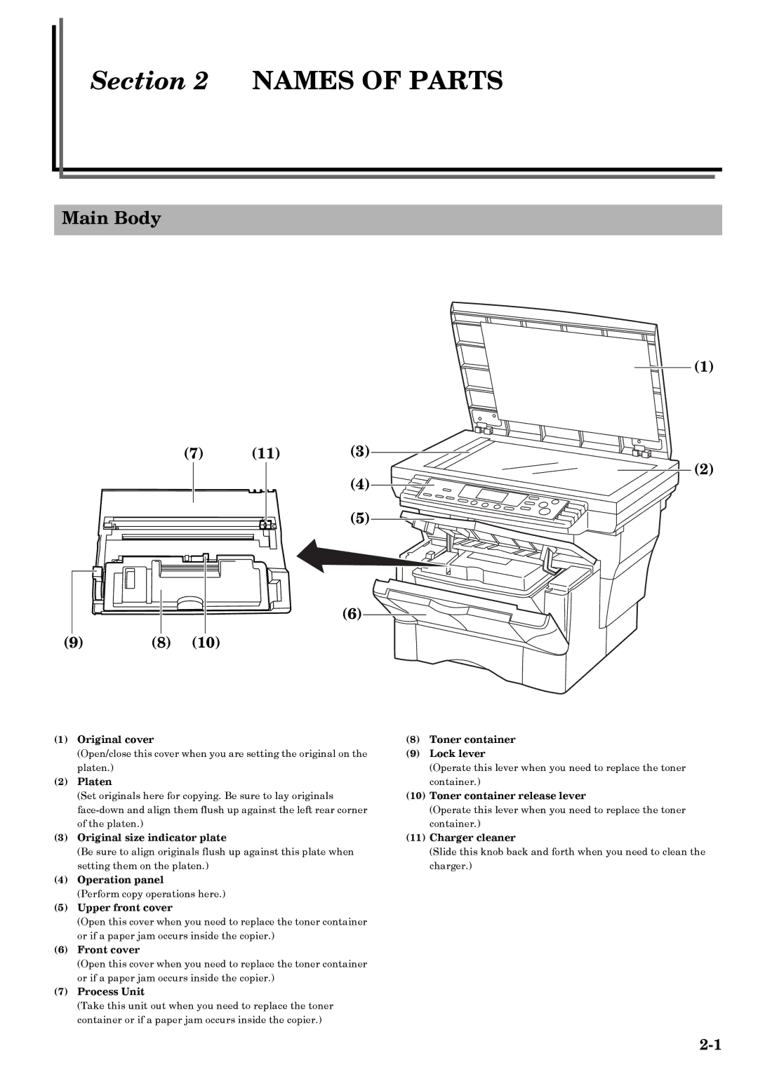 Kyocera copier manual Names of Parts, Main Body 