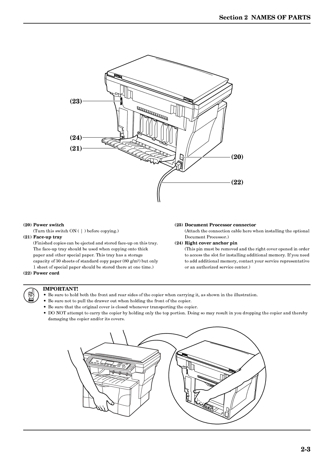 Kyocera copier manual Power switch, Face-up tray, Power cord Document Processor connector, Right cover anchor pin 