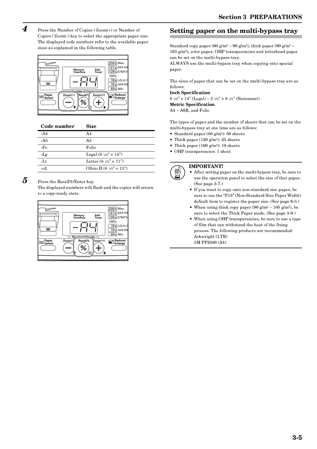 Kyocera copier manual Setting paper on the multi-bypass tray, Code number Size, Inch Specification 