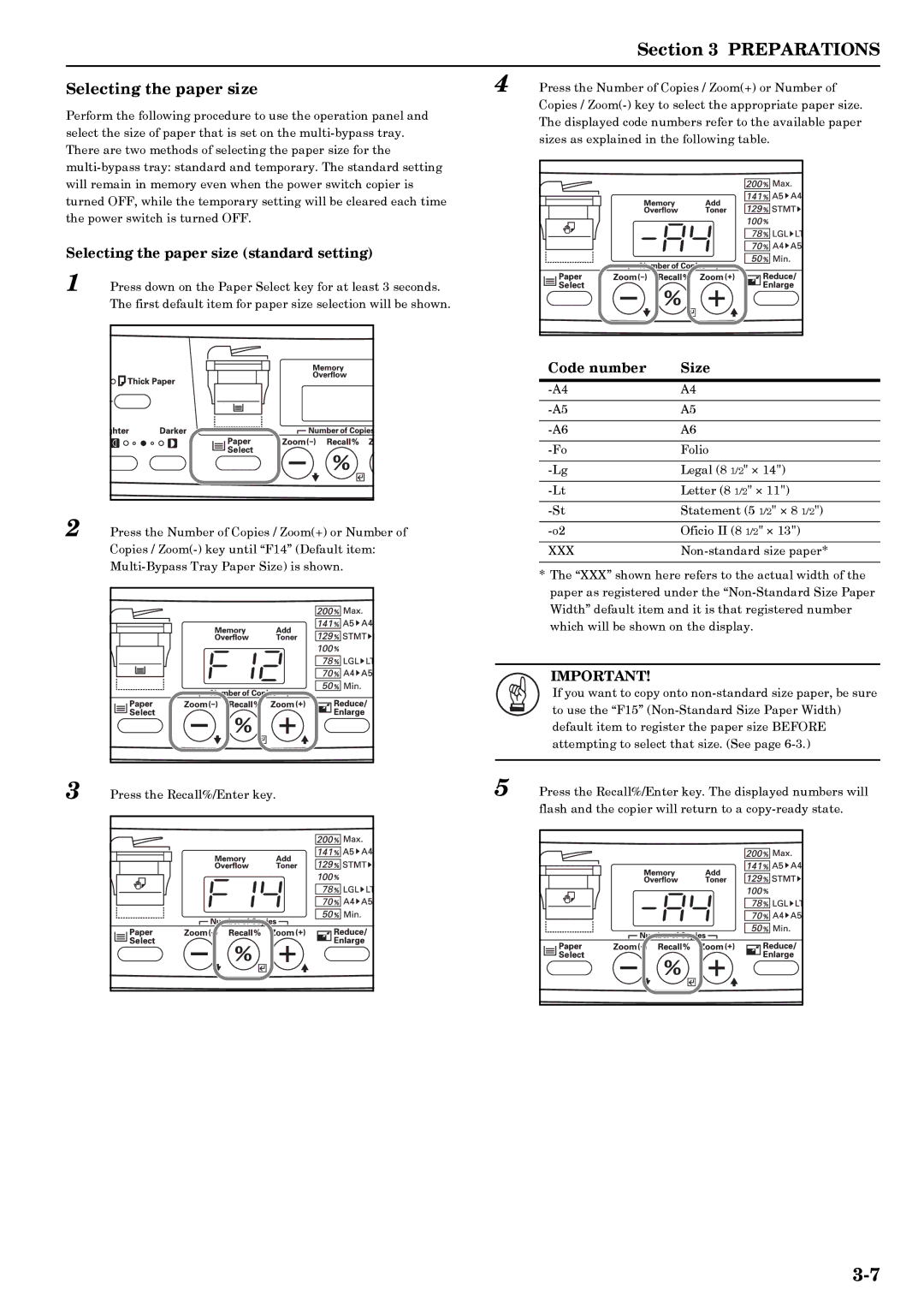 Kyocera copier manual Selecting the paper size standard setting, Xxx 