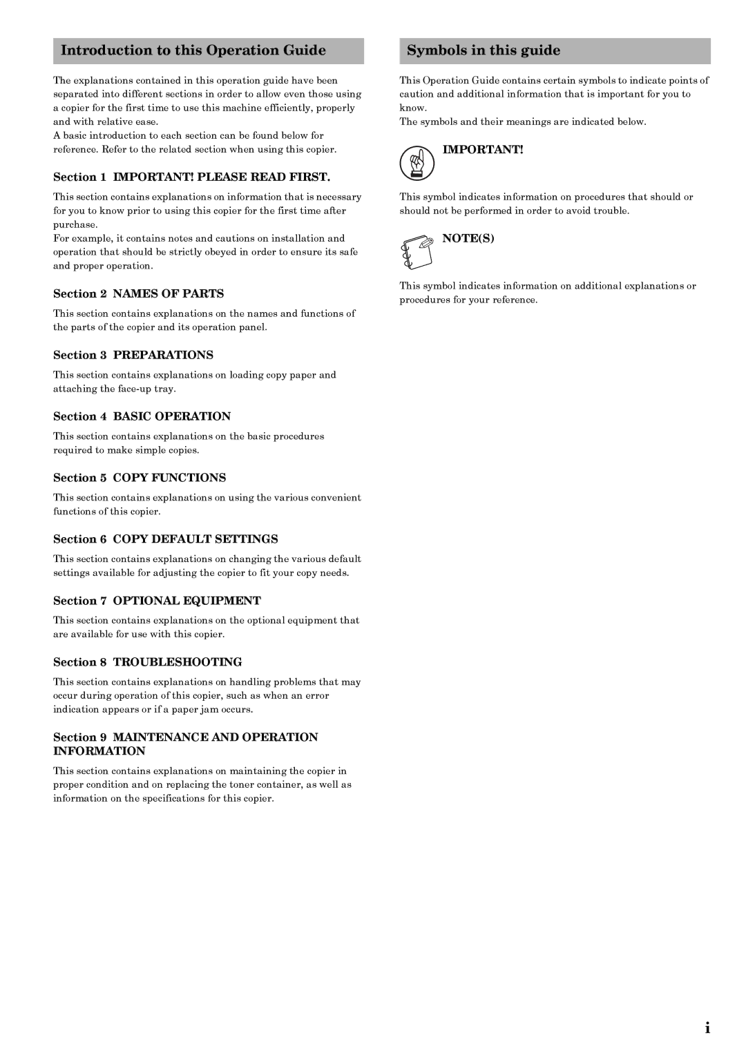 Kyocera copier manual IMPORTANT! Please Read First, Names of Parts, Preparations, Basic Operation, Copy Functions 