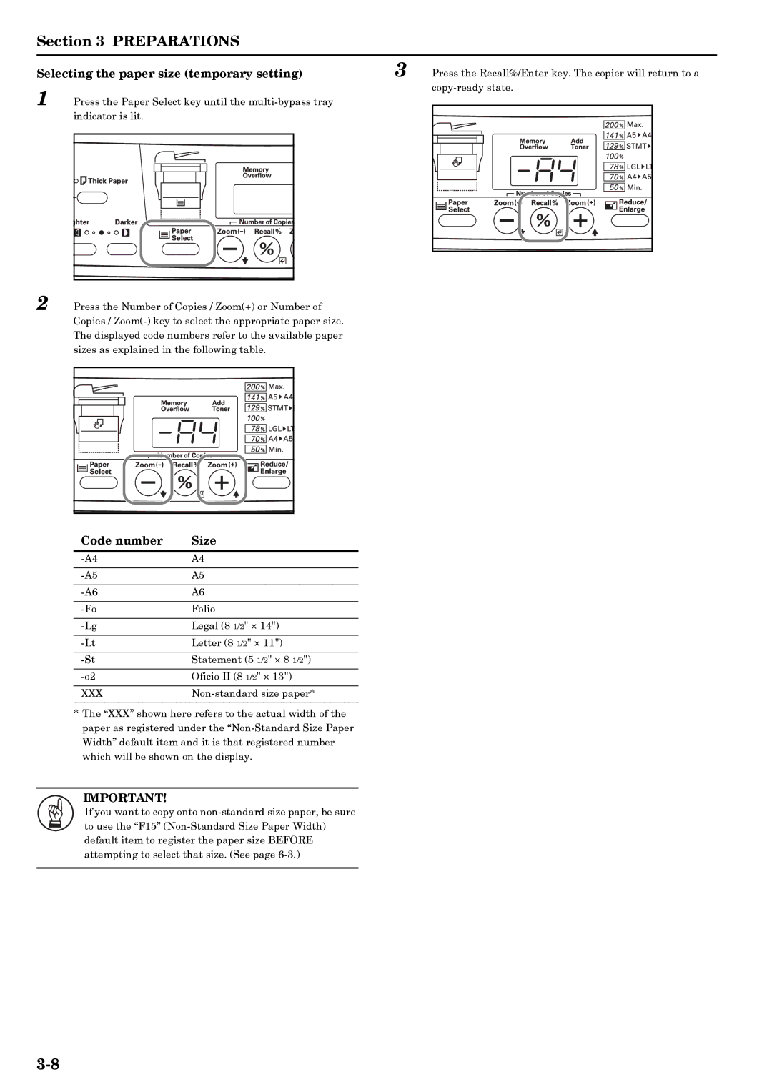 Kyocera copier manual Selecting the paper size temporary setting 