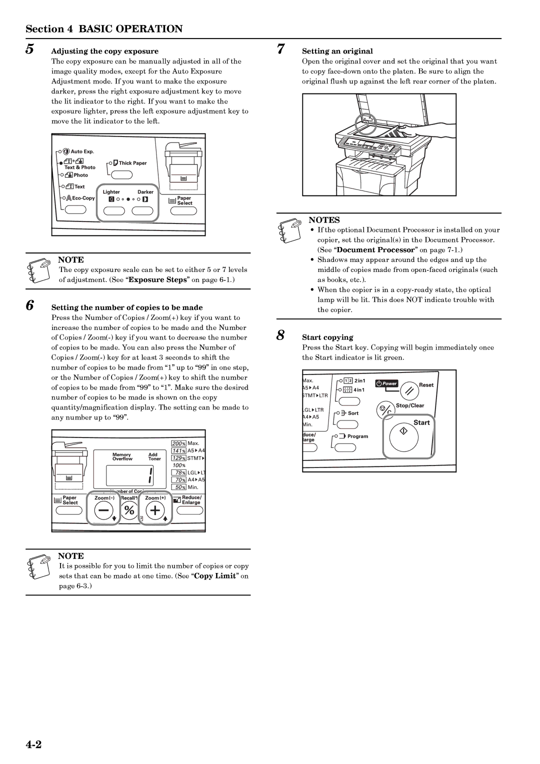 Kyocera copier Adjusting the copy exposure, Setting the number of copies to be made, Setting an original, Start copying 