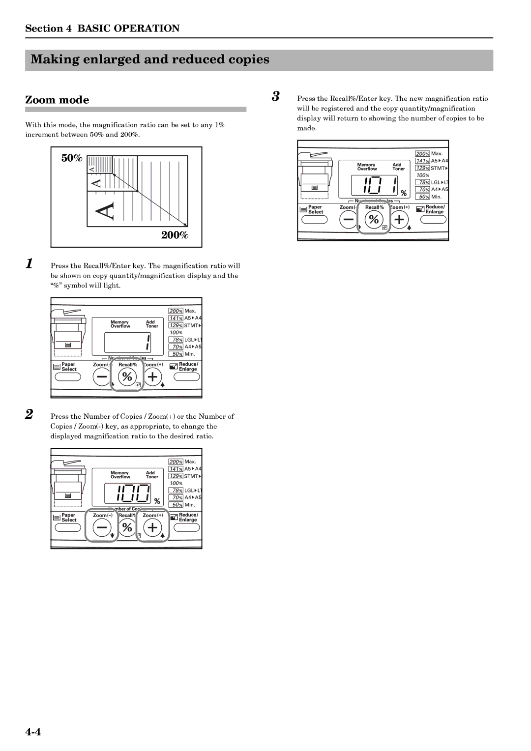 Kyocera copier manual Making enlarged and reduced copies, Zoom mode, 50% 