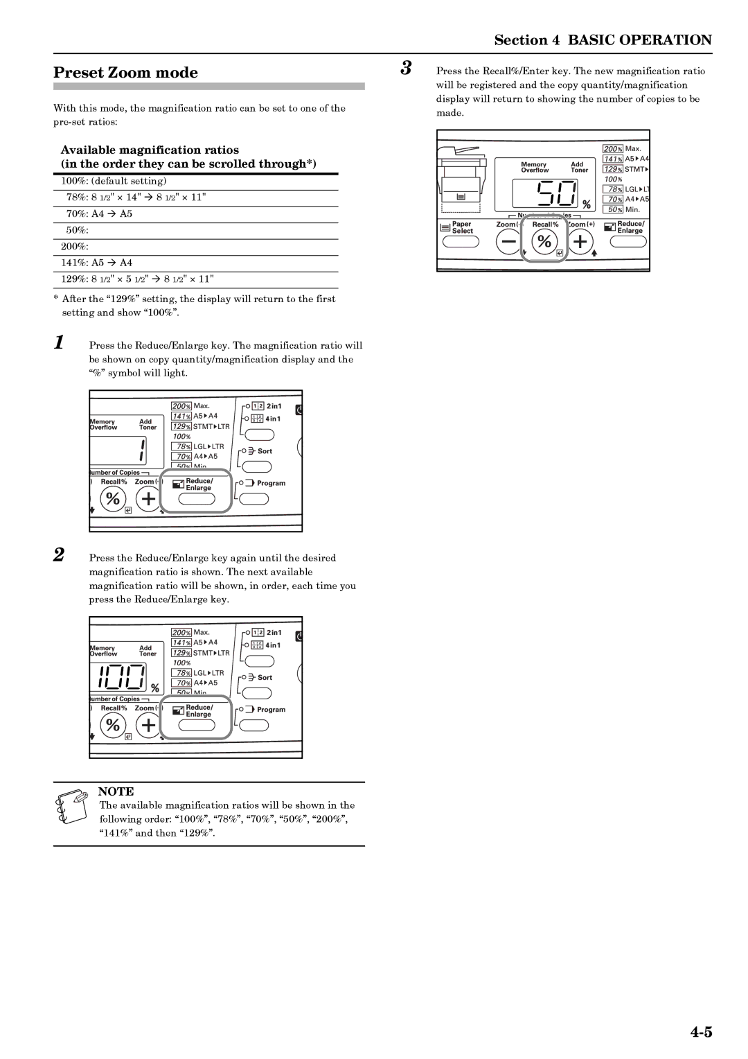 Kyocera copier manual Preset Zoom mode 