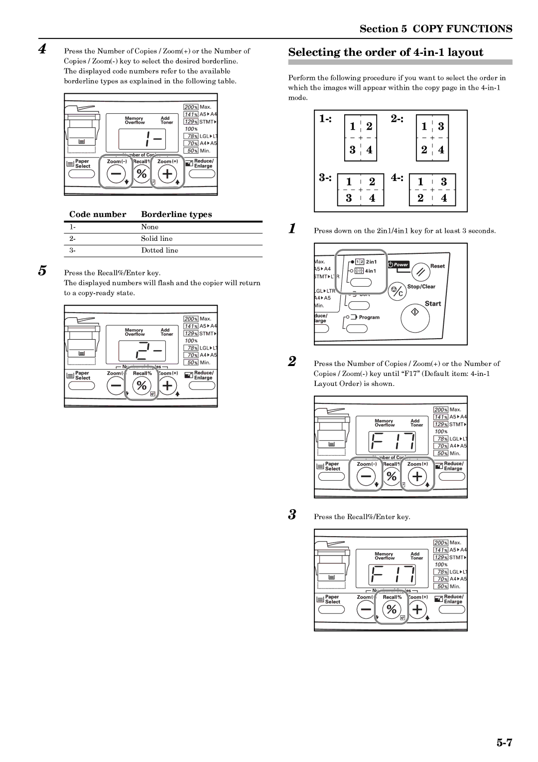 Kyocera copier manual Selecting the order of 4-in-1 layout, Code number Borderline types 