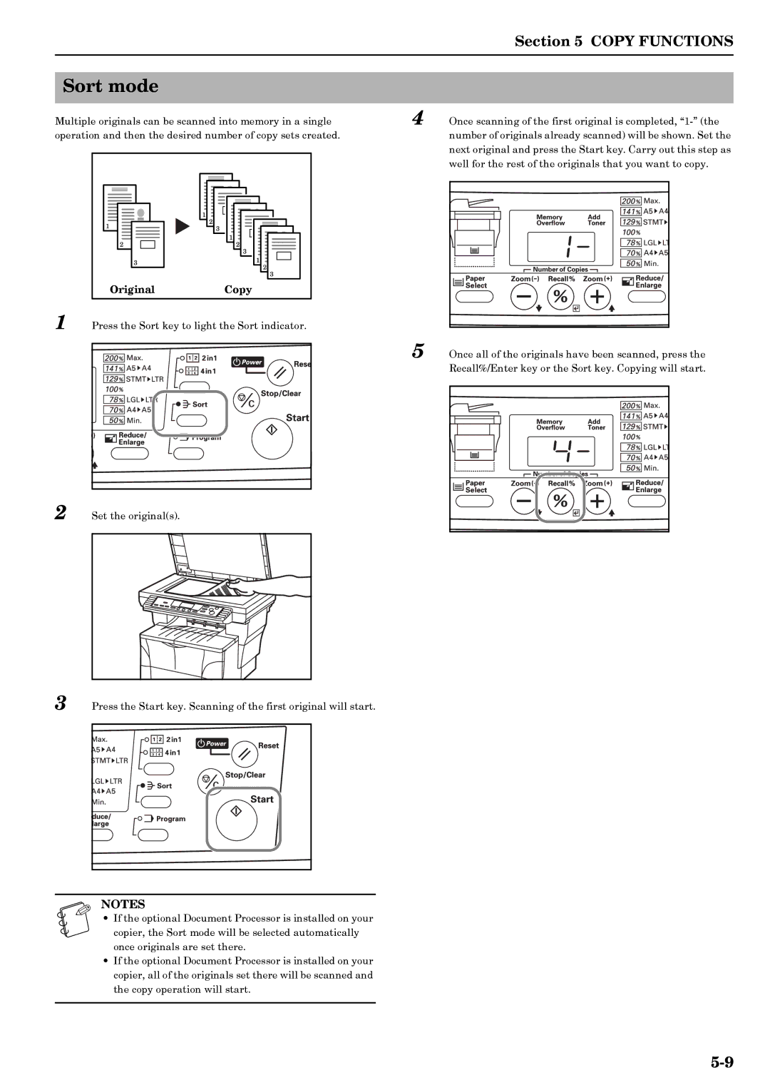 Kyocera copier manual Sort mode, Original Copy Press the Sort key to light the Sort indicator 