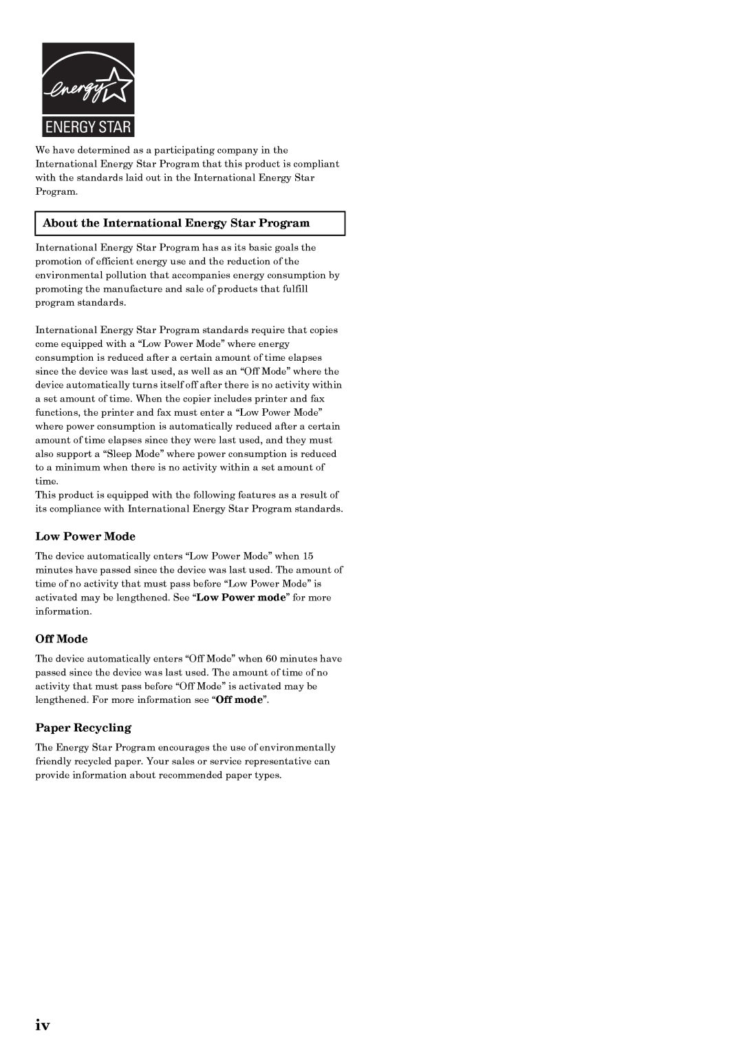 Kyocera copier manual About the International Energy Star Program, Low Power Mode, Off Mode, Paper Recycling 