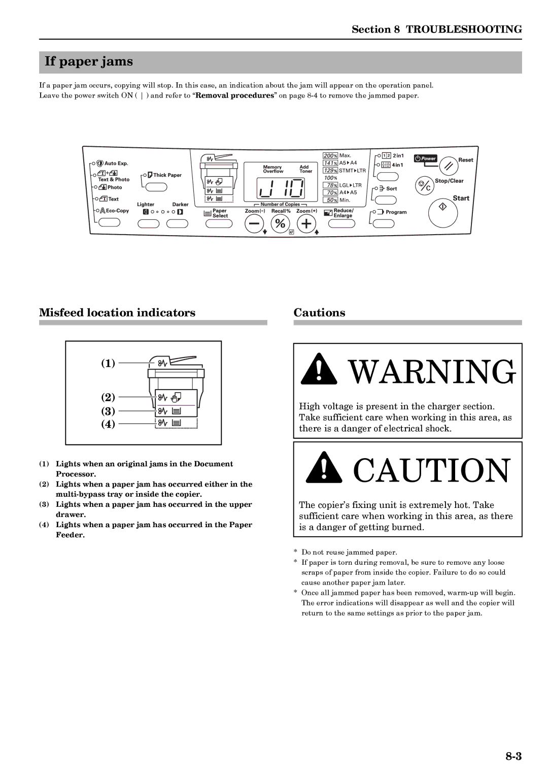 Kyocera copier manual If paper jams, Misfeed location indicators 