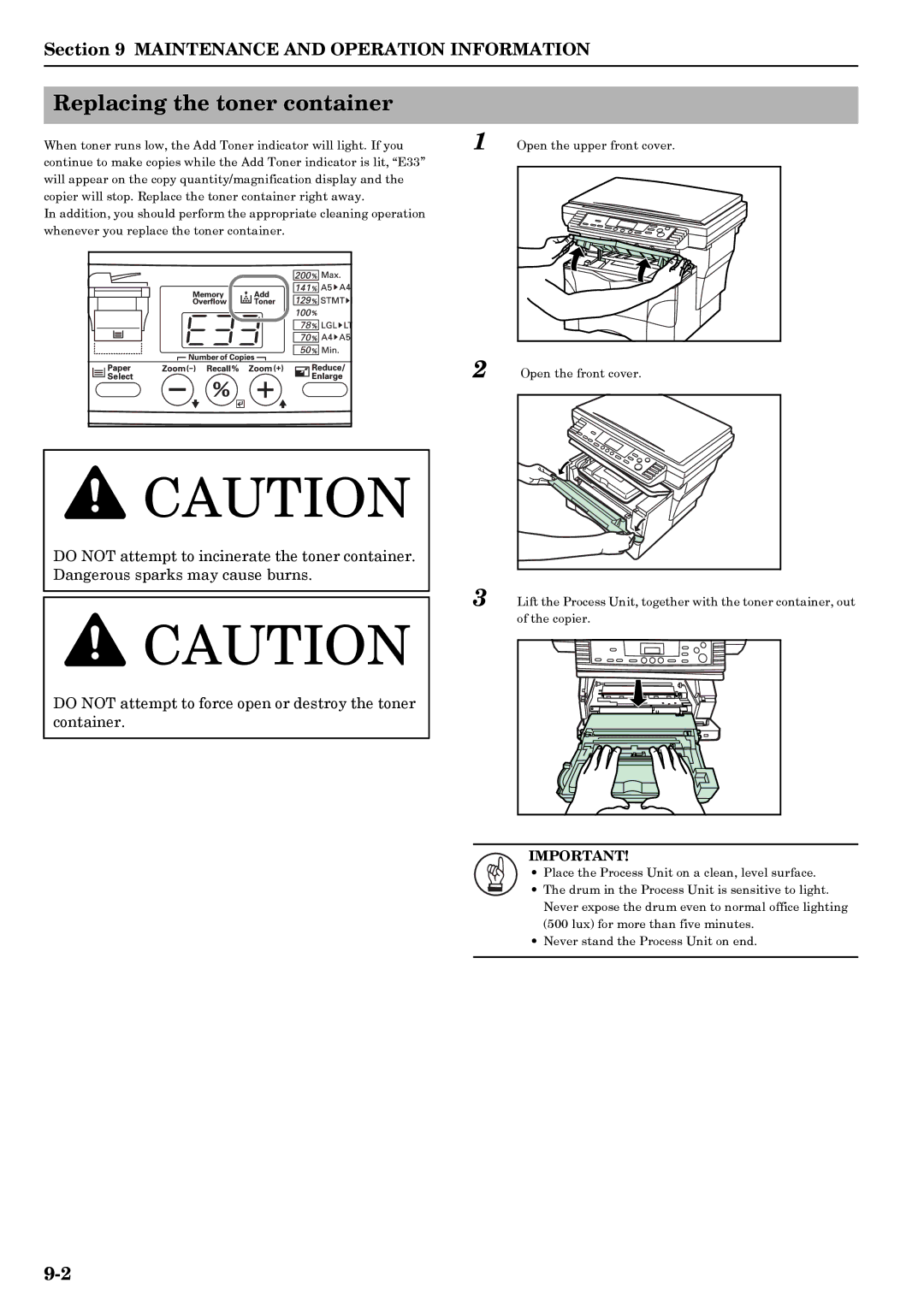 Kyocera copier manual Replacing the toner container 