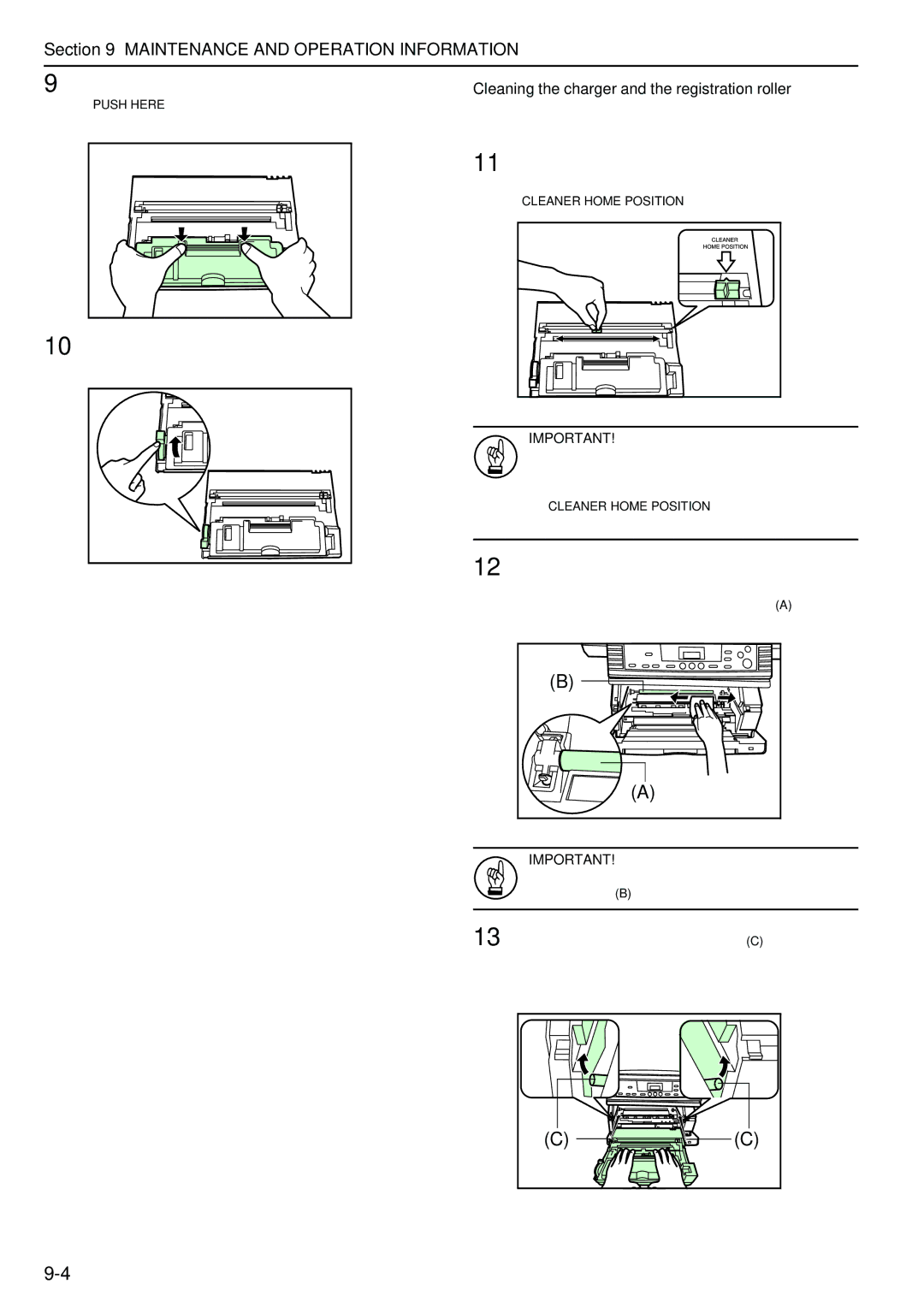 Kyocera copier manual Cleaning the charger and the registration roller, Cleaner Home Position 