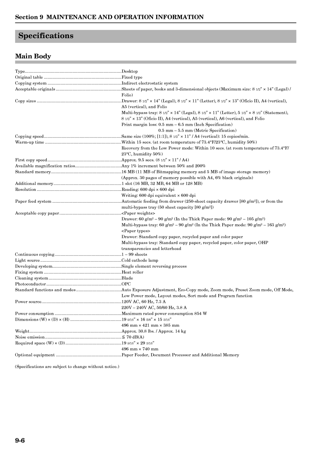 Kyocera copier manual Specifications, Main Body 