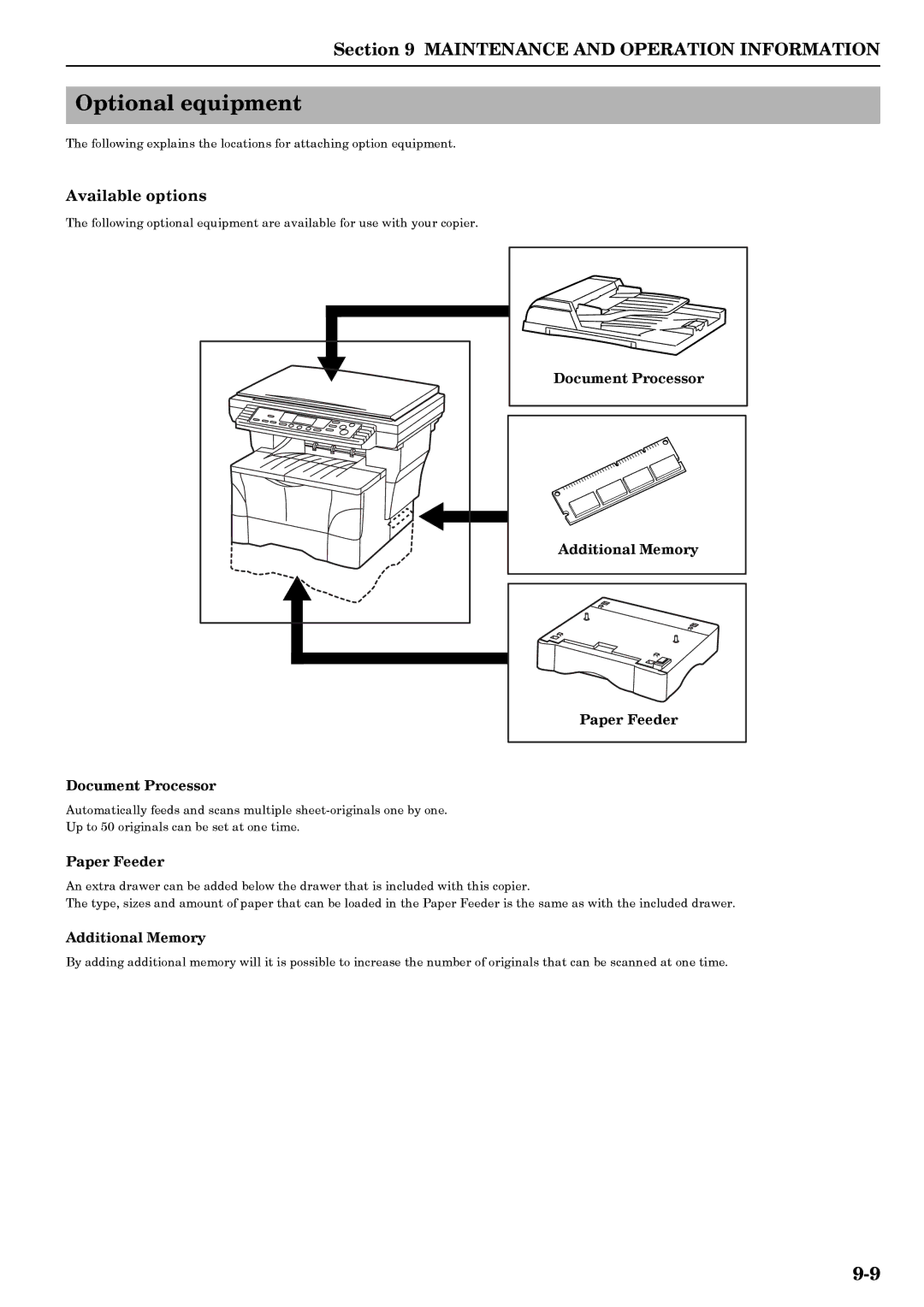 Kyocera copier manual Optional equipment, Available options, Document Processor, Additional Memory 