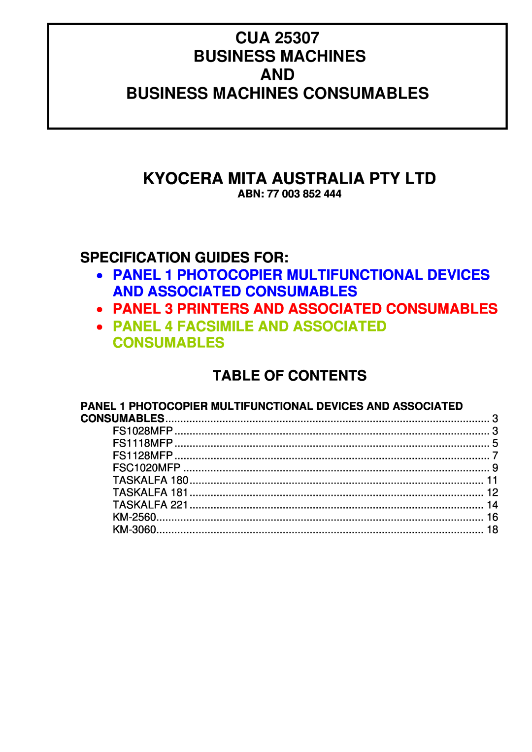 Kyocera CUA 25307 manual Specification Guides For, PANEL 3 PRINTERS AND ASSOCIATED CONSUMABLES, Table Of Contents, ABN 77 