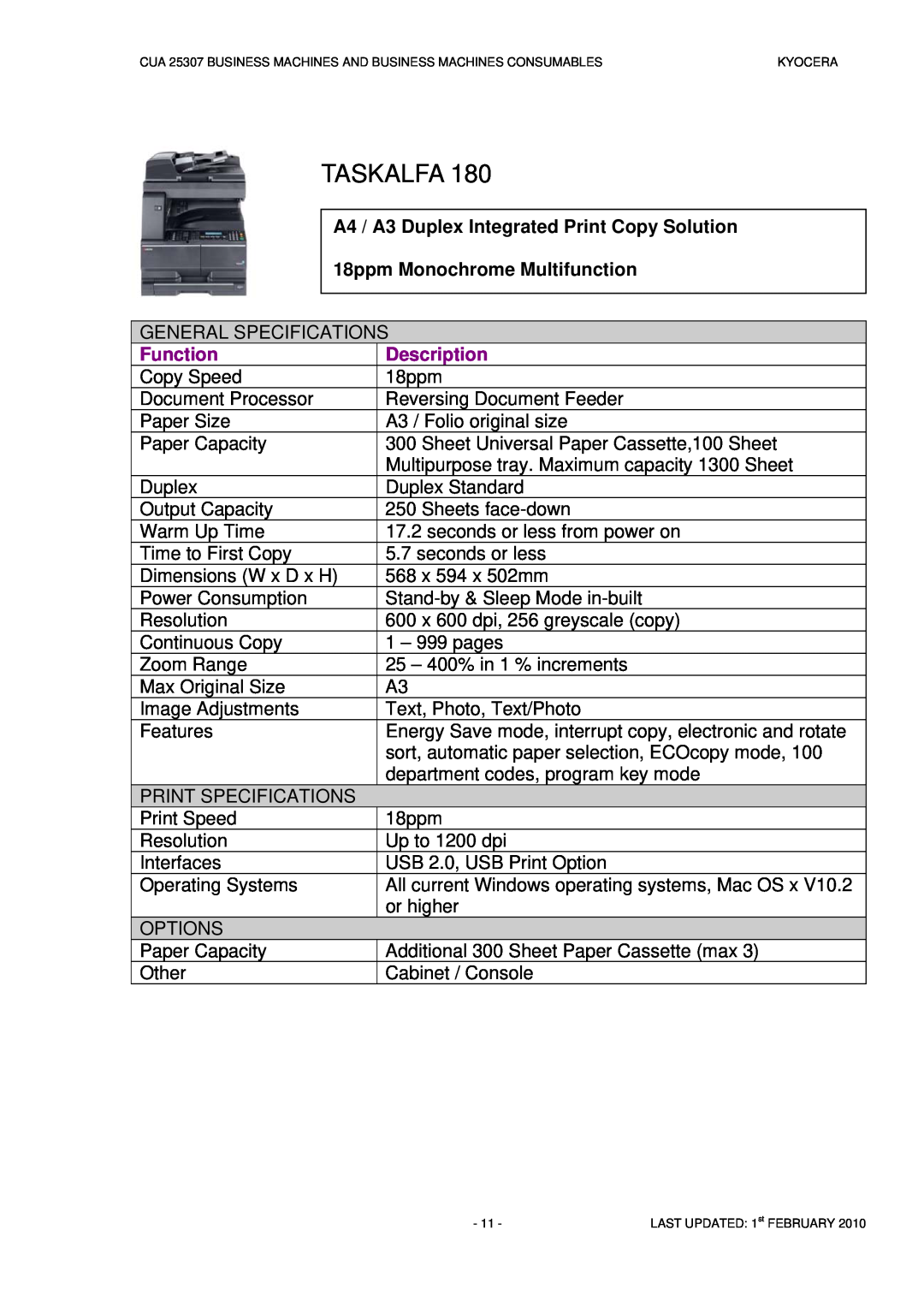 Kyocera CUA 25307 manual Taskalfa, A4 / A3 Duplex Integrated Print Copy Solution, 18ppm Monochrome Multifunction, Function 