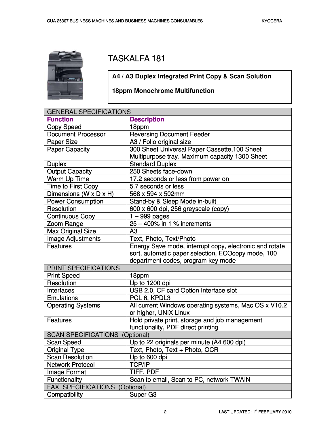 Kyocera CUA 25307 manual Taskalfa, 18ppm Monochrome Multifunction, Description 18ppm 