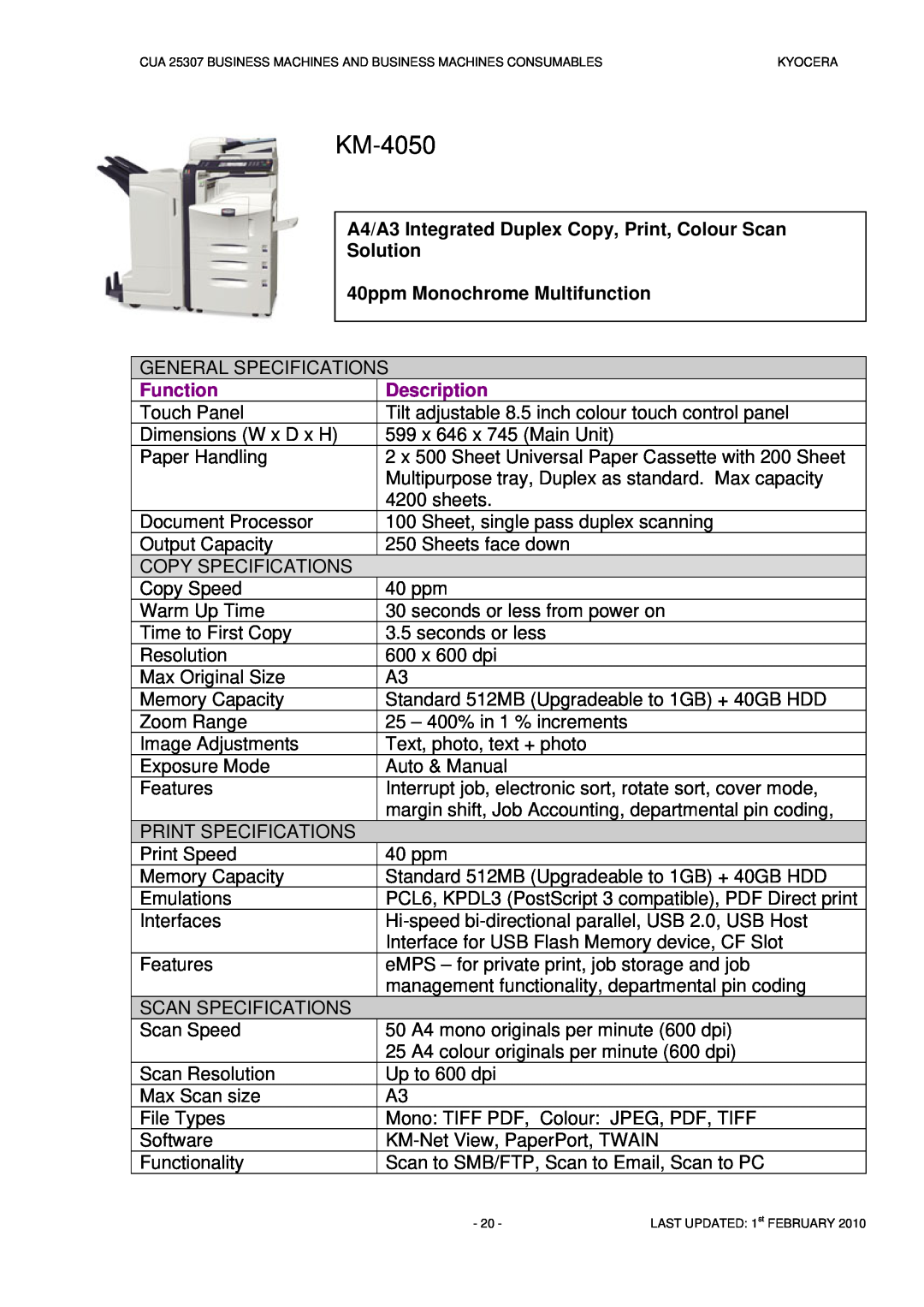 Kyocera CUA 25307 manual KM-4050, A4/A3 Integrated Duplex Copy, Print, Colour Scan, Solution 40ppm Monochrome Multifunction 