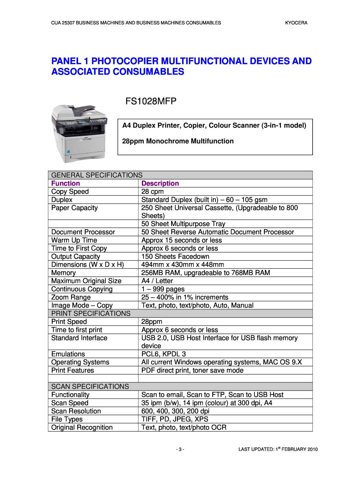 Kyocera CUA 25307 manual FS1028MFP, 28ppm Monochrome Multifunction, Function, Description 28 cpm 