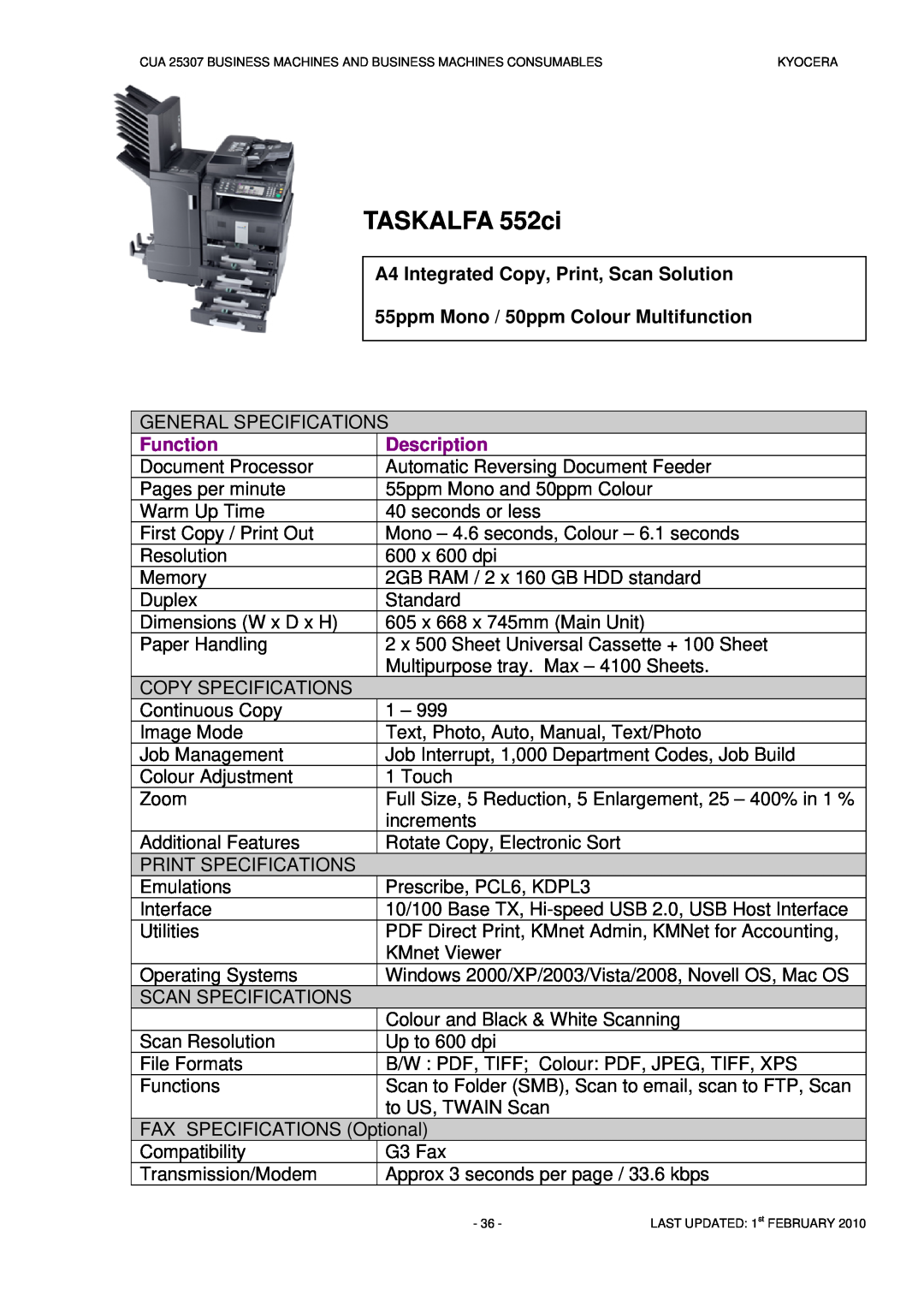 Kyocera CUA 25307 manual TASKALFA 552ci, A4 Integrated Copy, Print, Scan Solution, 55ppm Mono / 50ppm Colour Multifunction 