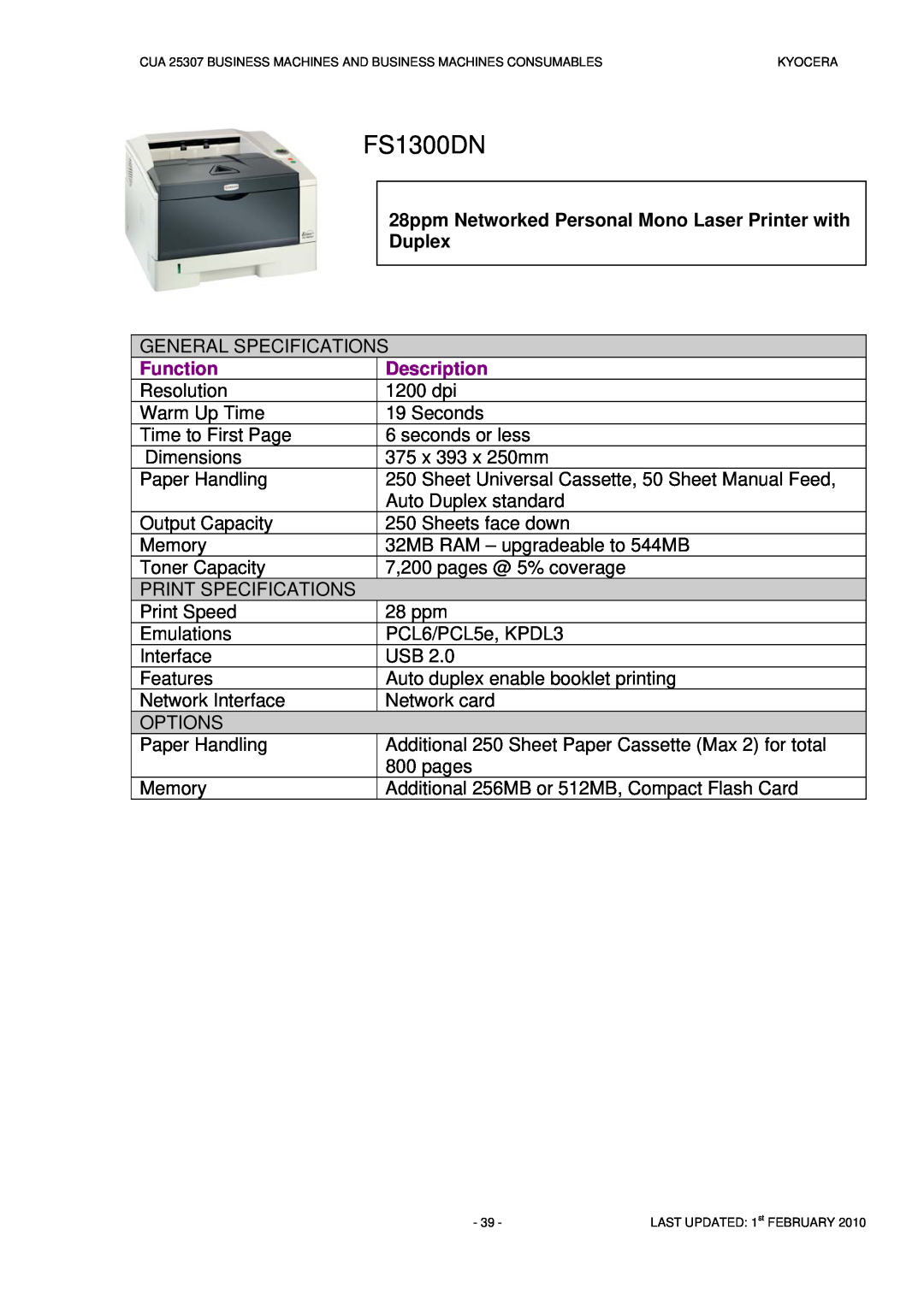 Kyocera CUA 25307 manual FS1300DN, Function, Description 1200 dpi 