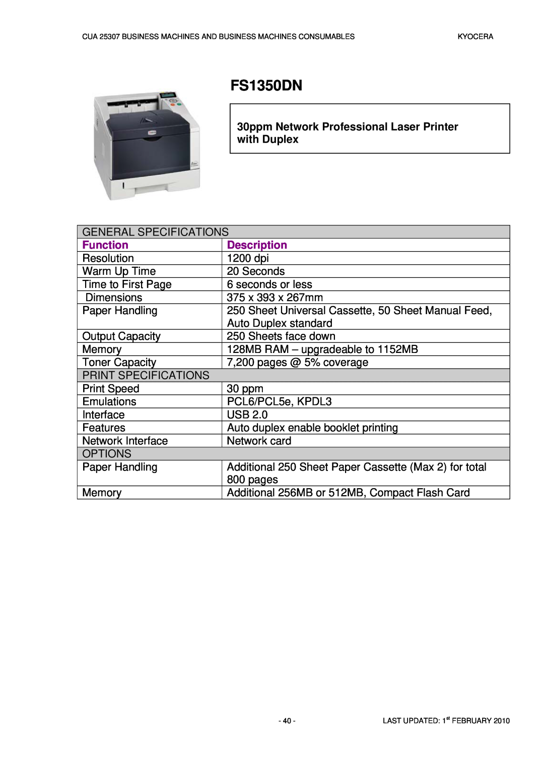 Kyocera CUA 25307 manual FS1350DN, Function, Description 1200 dpi 
