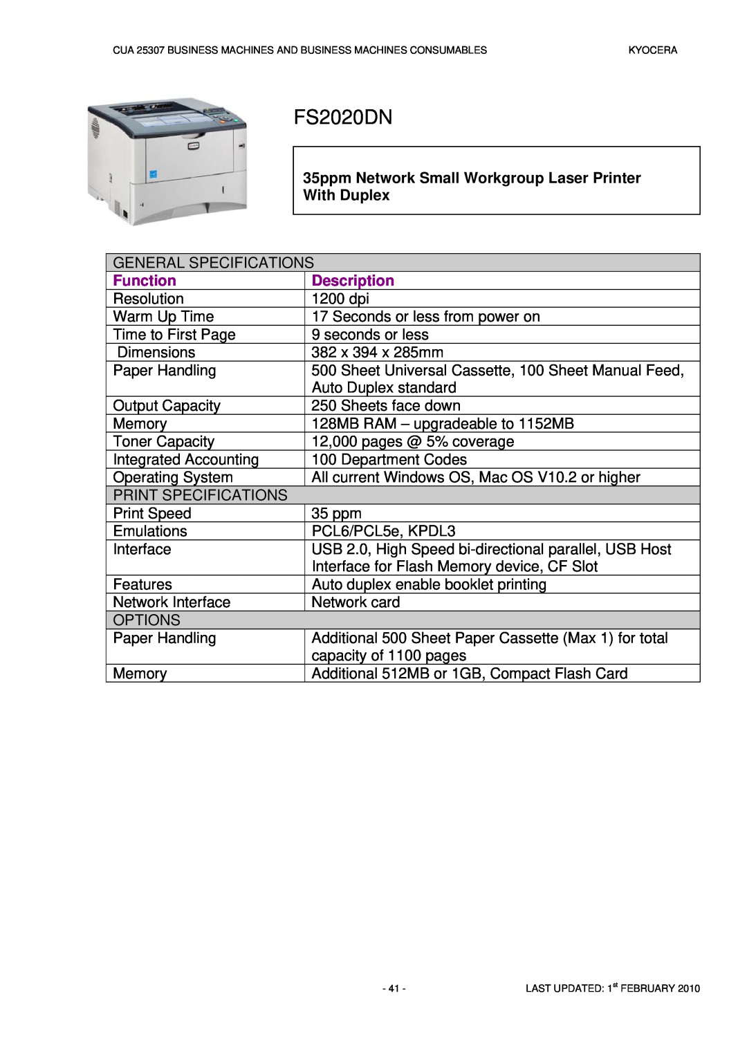 Kyocera CUA 25307 manual FS2020DN, Function, Description 1200 dpi 