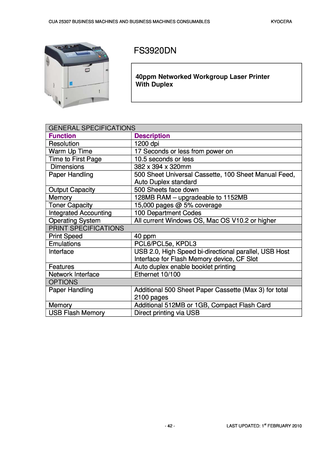 Kyocera CUA 25307 manual FS3920DN, Function, Description 1200 dpi 