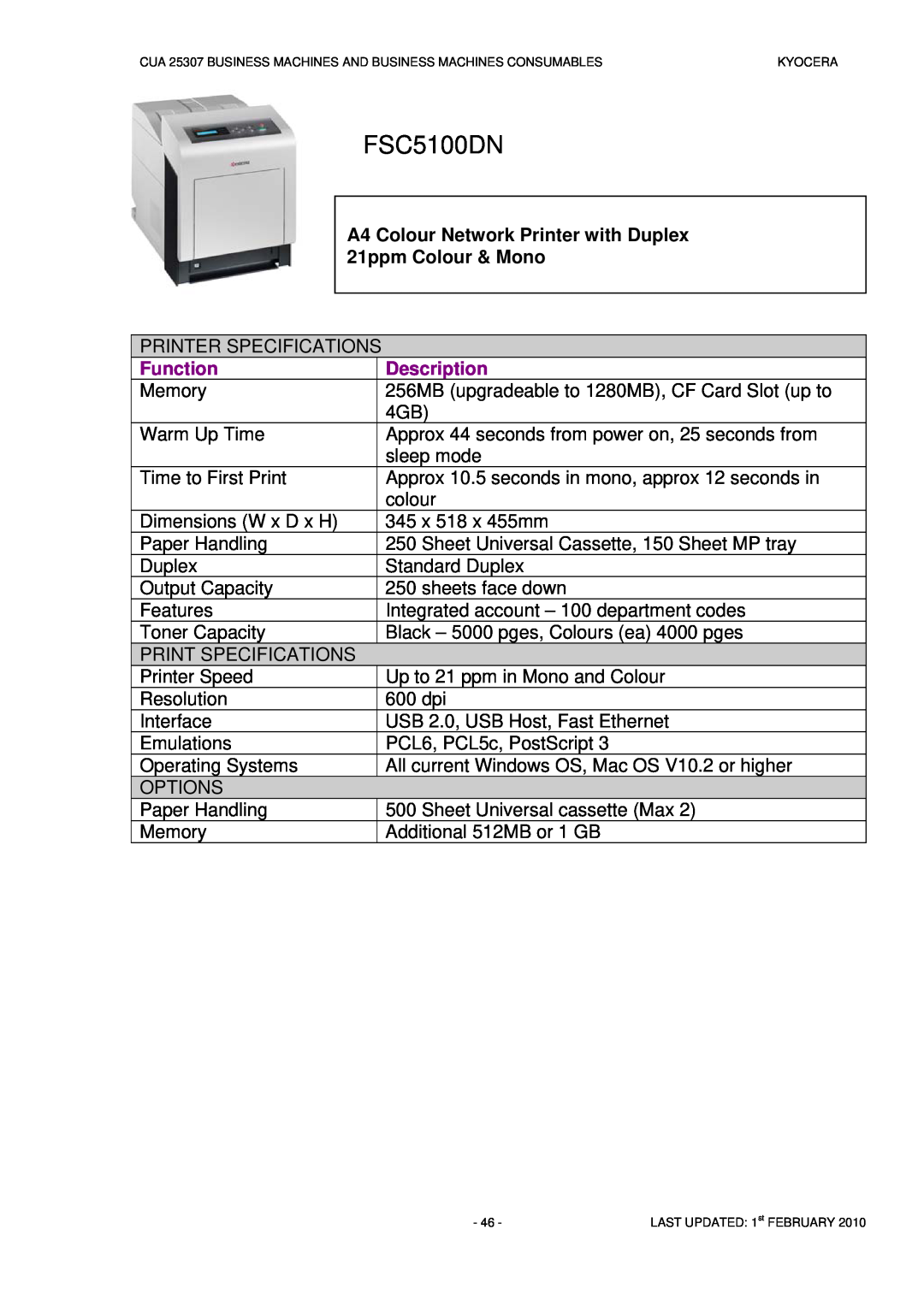 Kyocera CUA 25307 manual FSC5100DN, Function, Description 