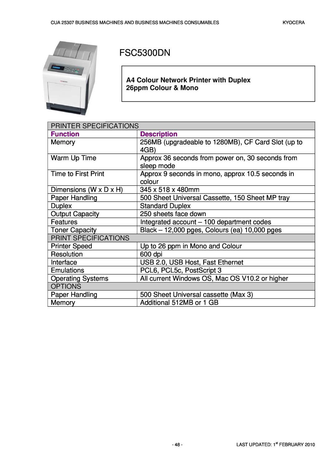 Kyocera CUA 25307 manual FSC5300DN, Function, Description 