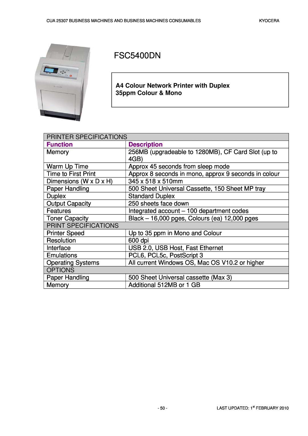 Kyocera CUA 25307 manual FSC5400DN, Function, Description 