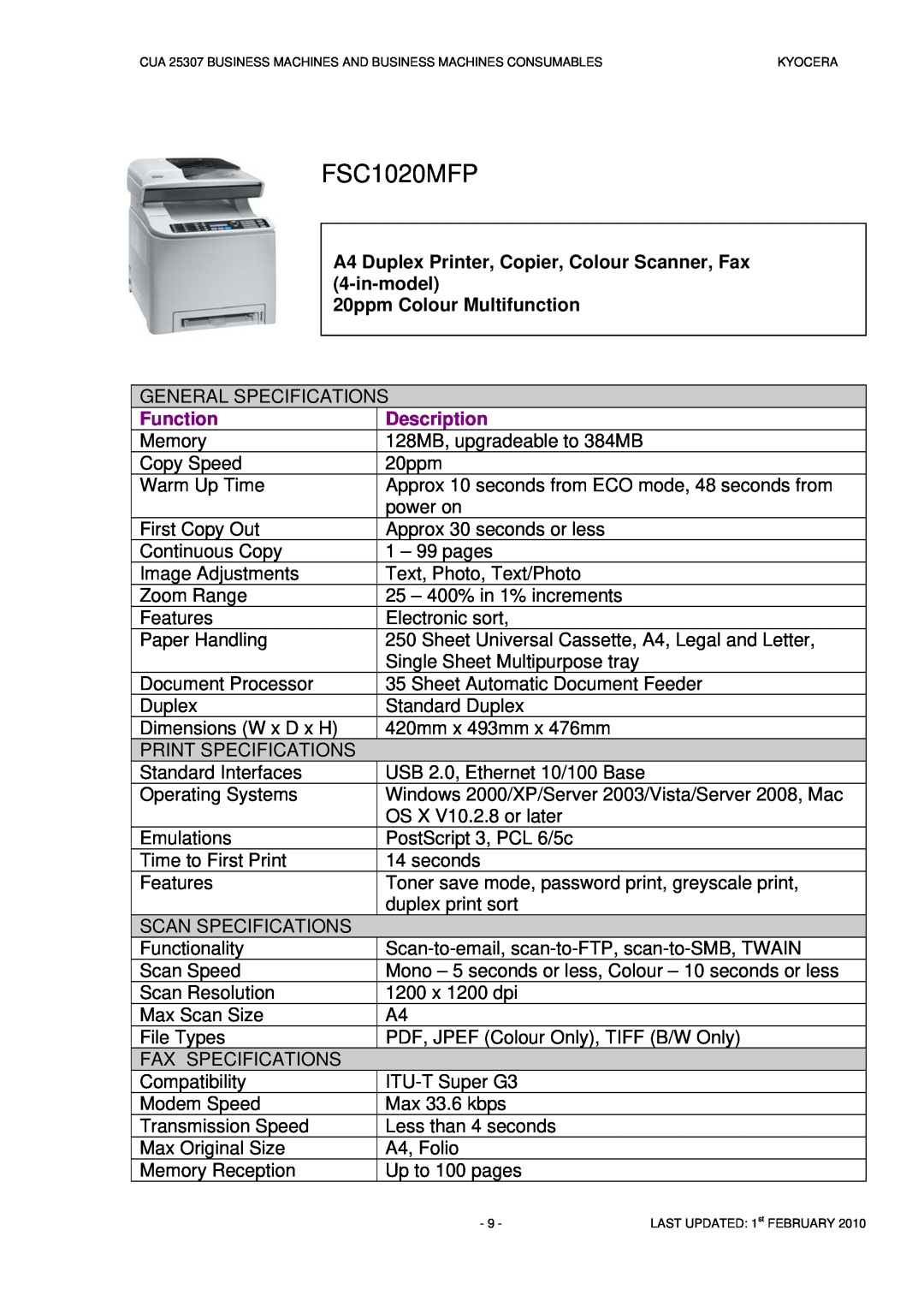 Kyocera CUA 25307 manual FSC1020MFP, 20ppm Colour Multifunction, Function, Description 