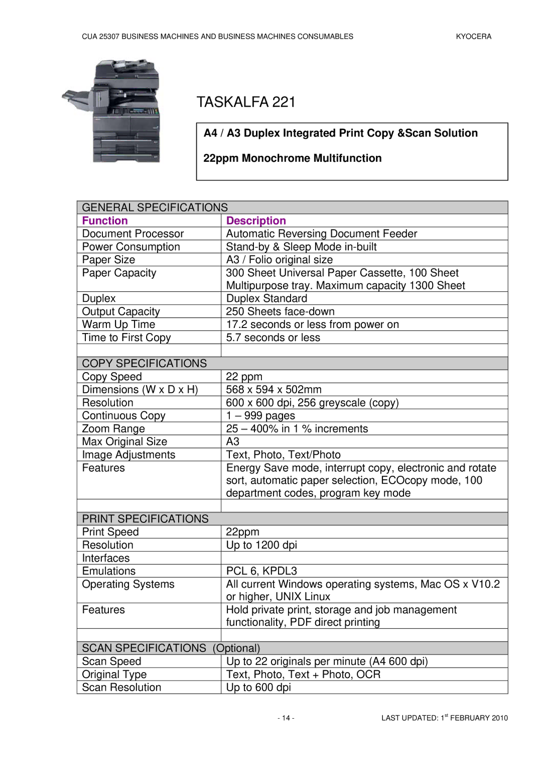 Kyocera CUA 25307 manual Copy Specifications, PCL 6, KPDL3 