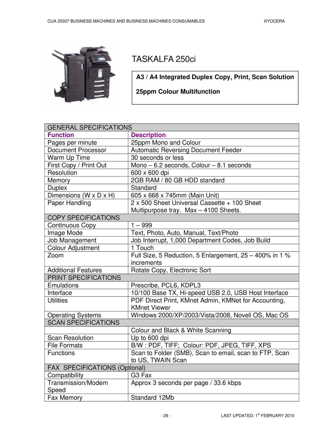 Kyocera CUA 25307 manual Taskalfa 250ci 