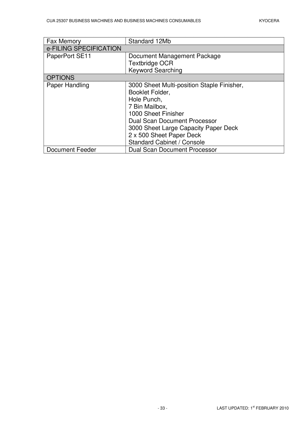 Kyocera CUA 25307 manual Fax Memory Filing Specification PaperPort SE11 