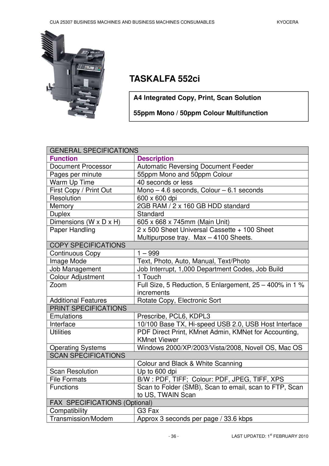 Kyocera CUA 25307 manual Taskalfa 552ci 