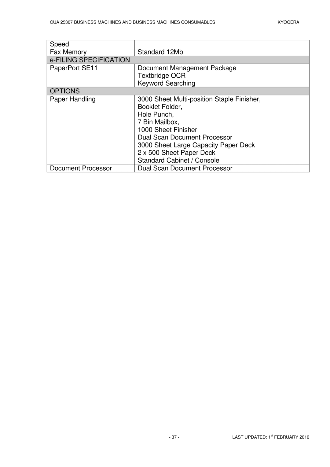 Kyocera CUA 25307 manual Speed Fax Memory Filing Specification PaperPort SE11 