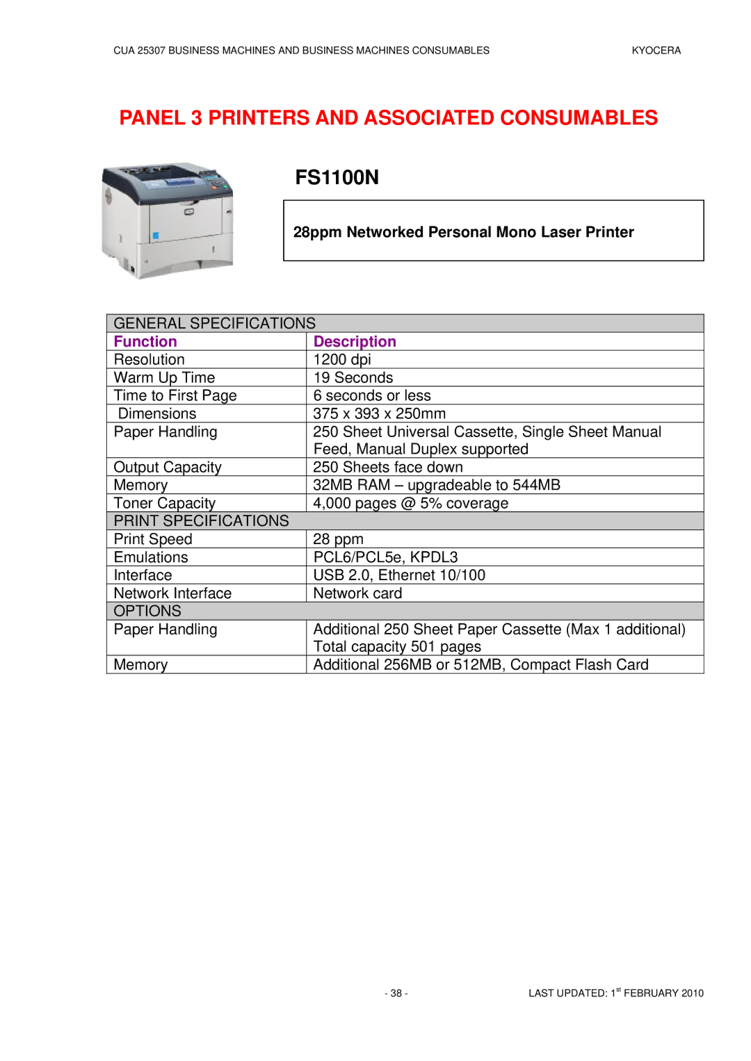 Kyocera CUA 25307 manual FS1100N 