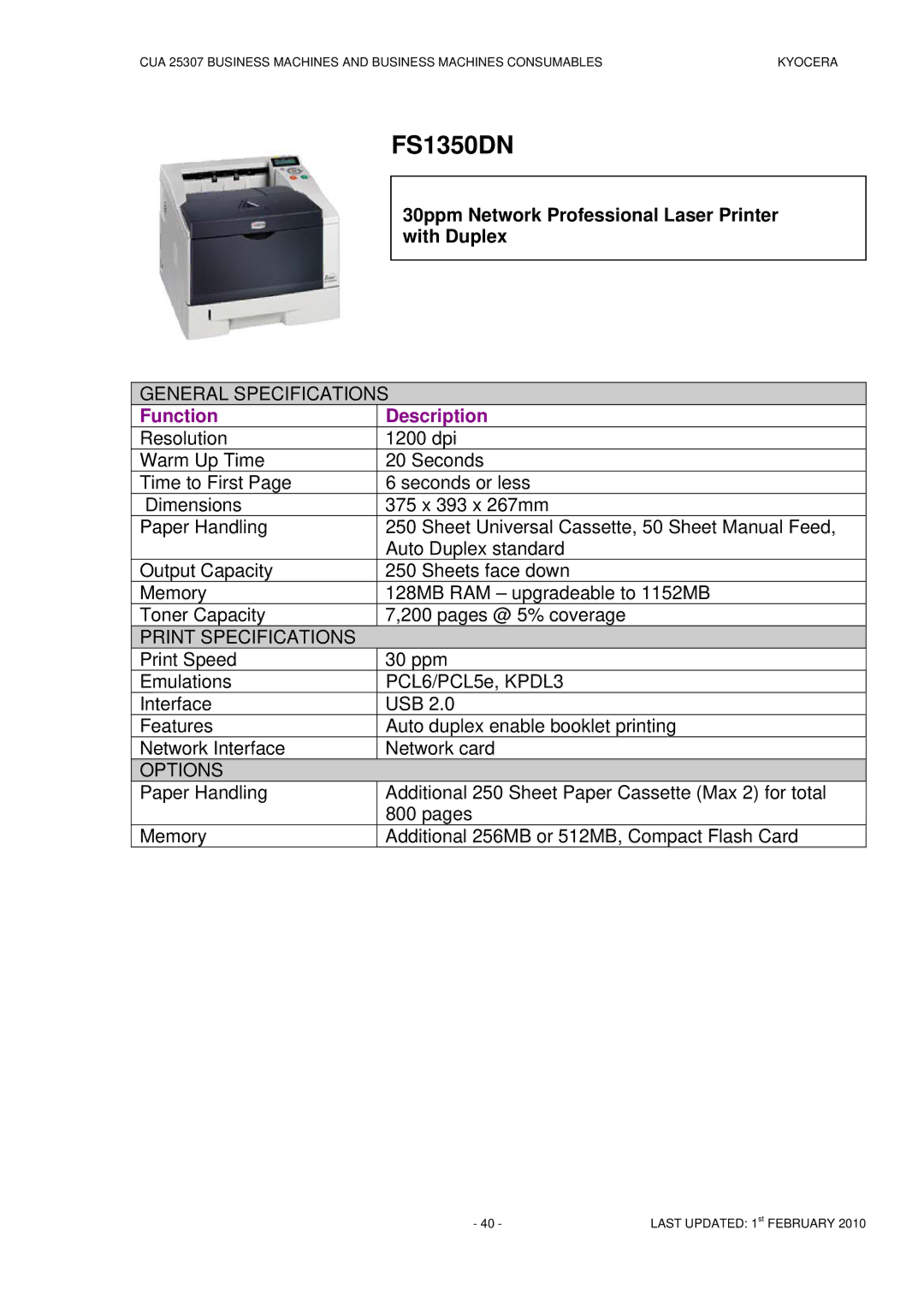 Kyocera CUA 25307 manual FS1350DN 