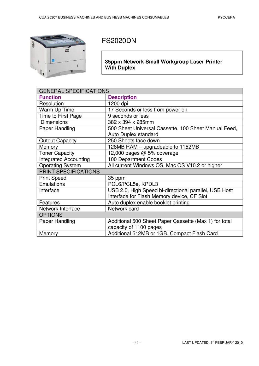 Kyocera CUA 25307 manual FS2020DN 