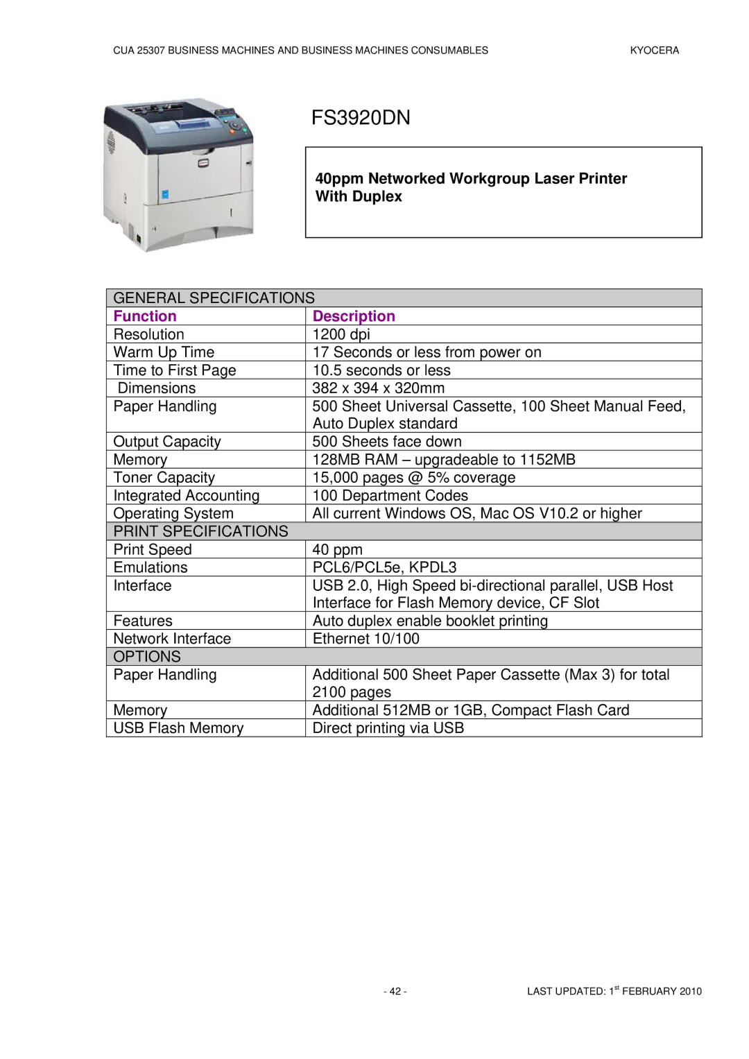 Kyocera CUA 25307 manual FS3920DN 