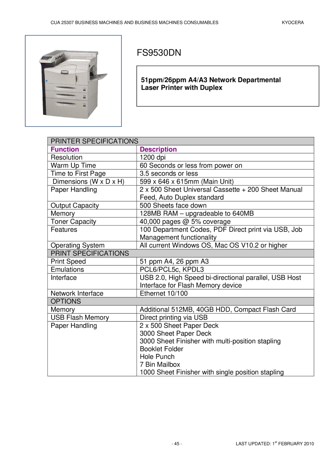 Kyocera CUA 25307 manual FS9530DN, Printer Specifications 