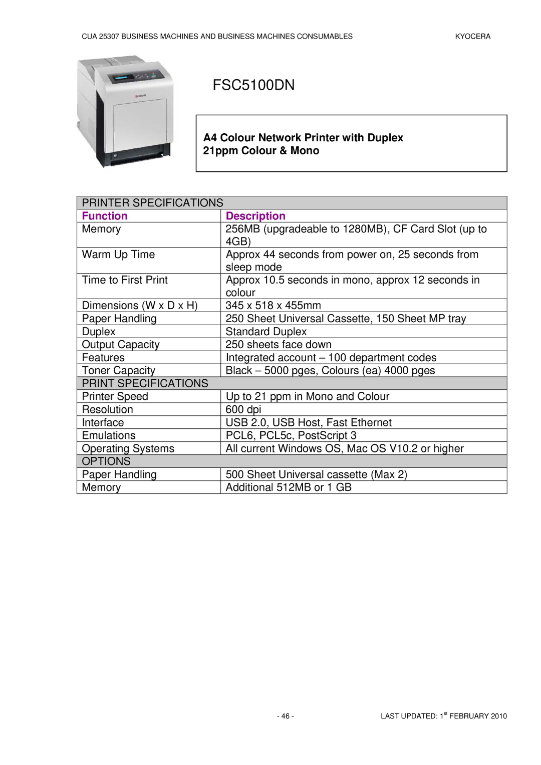 Kyocera CUA 25307 manual FSC5100DN 