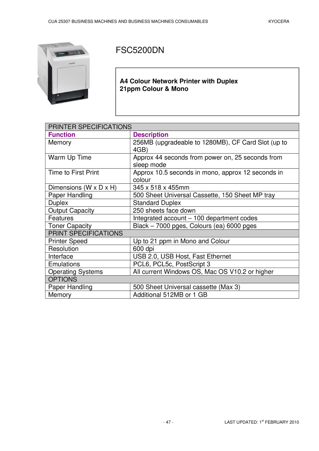 Kyocera CUA 25307 manual FSC5200DN 