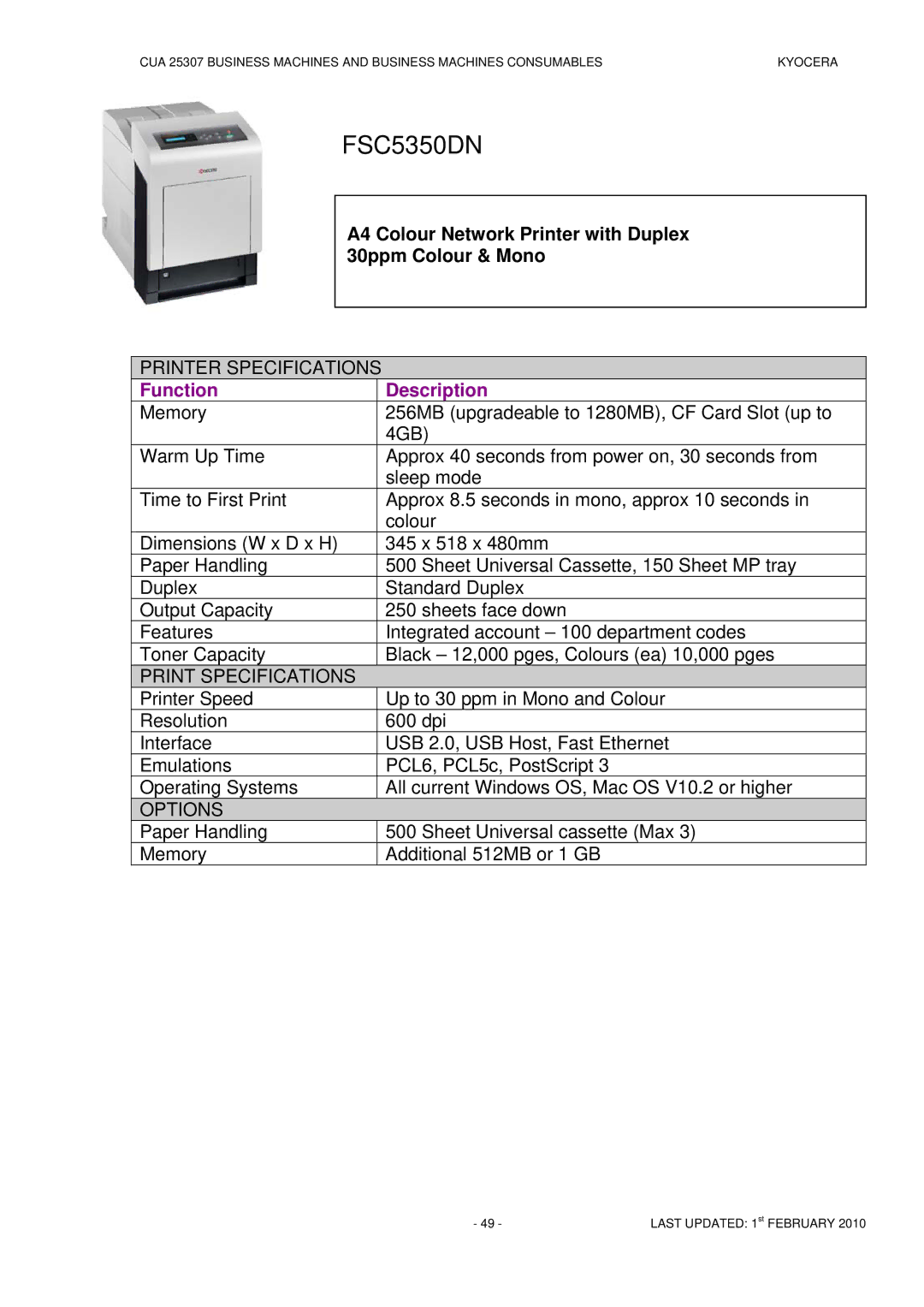 Kyocera CUA 25307 manual FSC5350DN 