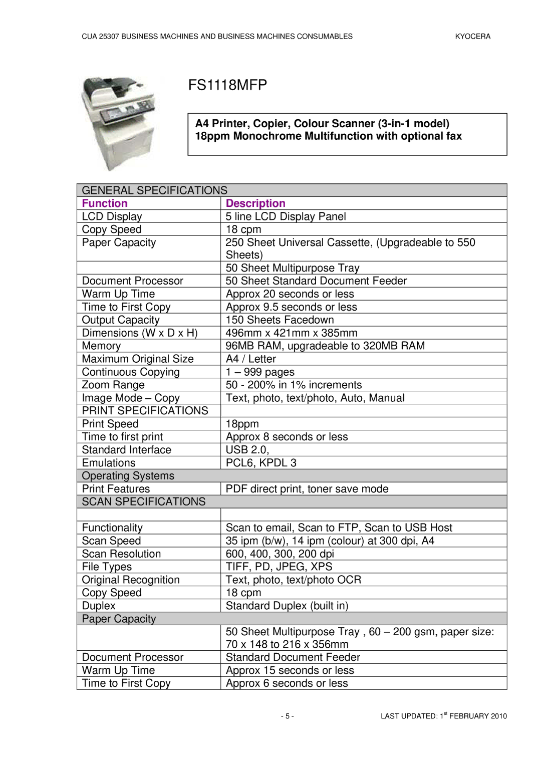 Kyocera CUA 25307 manual FS1118MFP, Description 